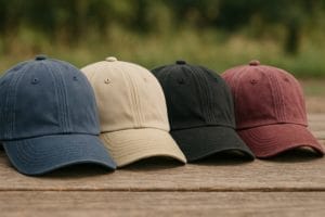 colors of dad hats lined up on wood table