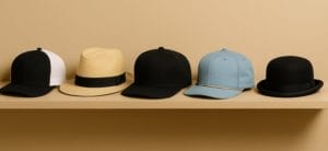 Line up of different hats on a wood shelf