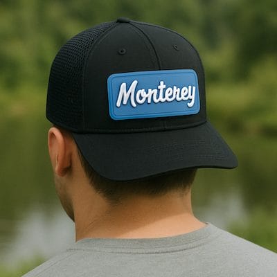 backwards performance trucker hat with monterey PVC patch