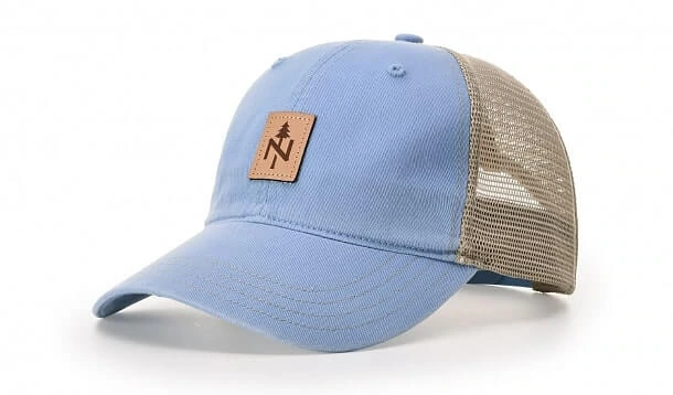 light blue hat with leather patch