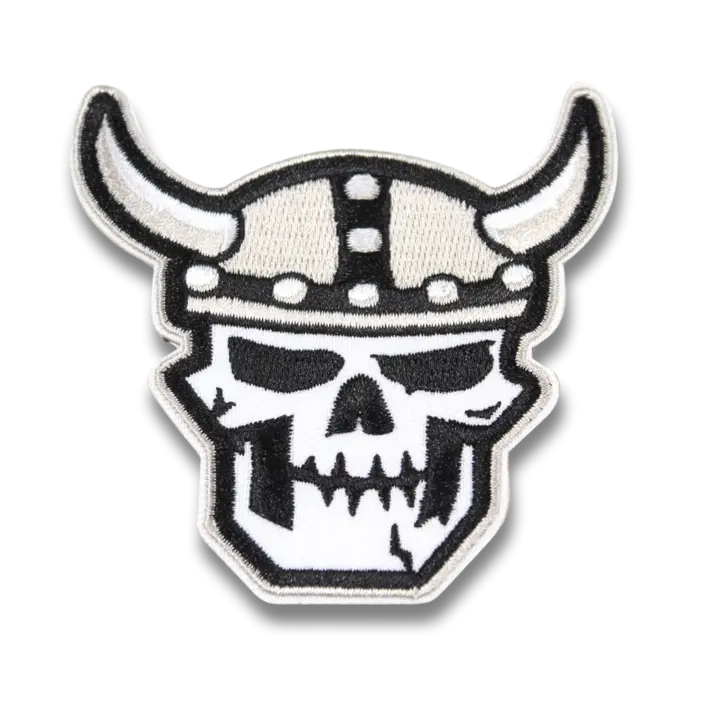 white and black custom made skull patch with Viking helmet