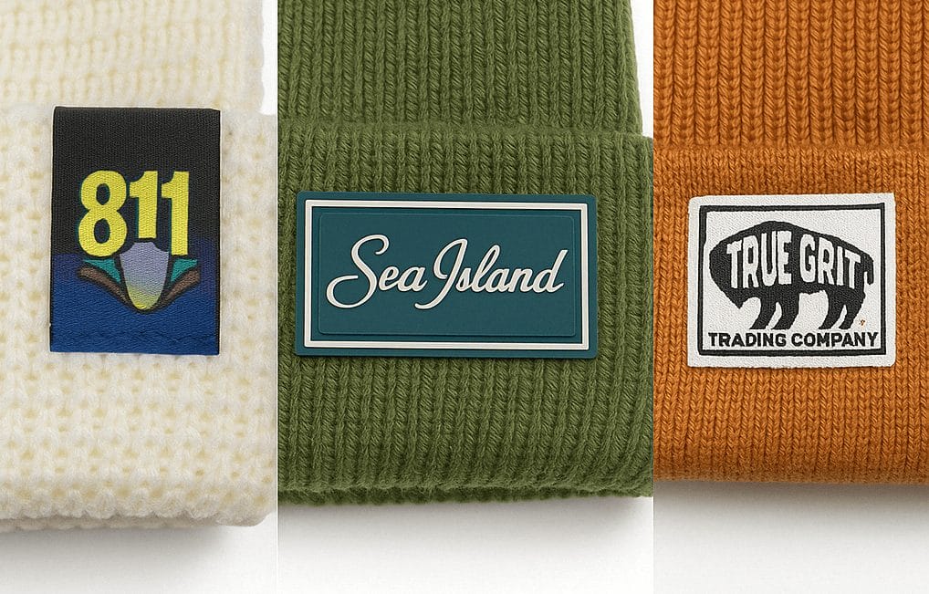 group shot of three labels on beanies