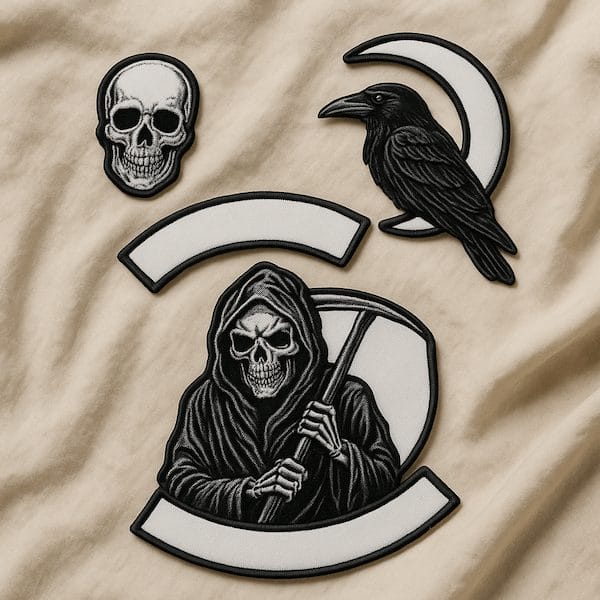 group of three biker patches on a bed