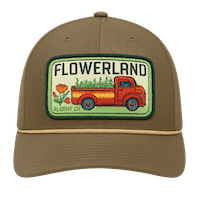 hat with flowerland embroidered patch