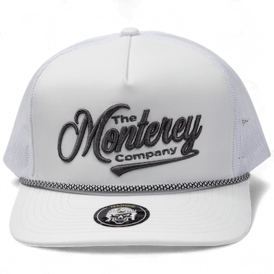 white rope hat with monterey company embroidery