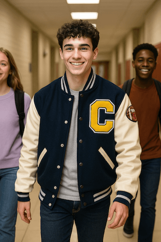 high schooler walking down hallway with letterman jacket