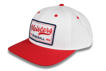 white and red baseball hat with embroidered patch