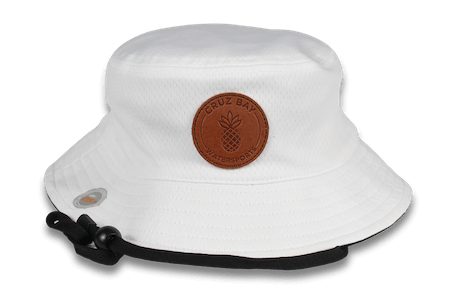 white bucket hat with leather patch